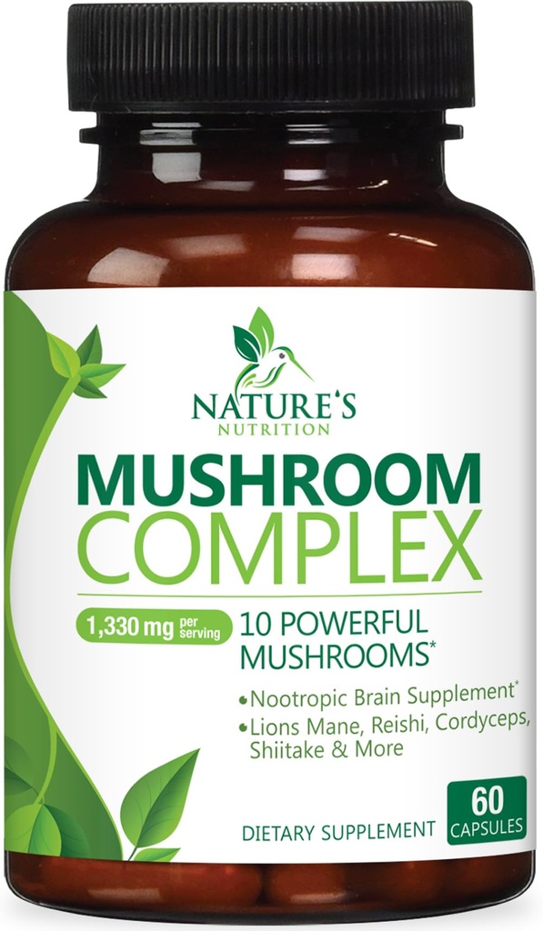 Mushroom Brain Supplement 1330 mg - 10 in 1 High Strength Mushroom Kompleks with Lions Mane, Türkiye Tail, Reishi, Cordyceps, Chaga & Brain Nootropic Complex for Memory & Focus Support - 60 Capsules