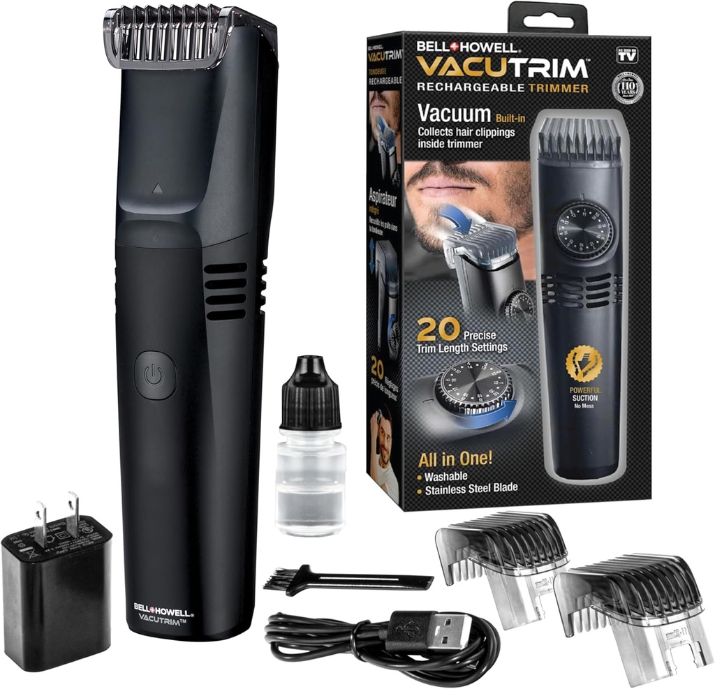 Vacutrim Cordless Mens Beard Trimmer, Isıtmalı Elektrikli Shaver 20 Trim Set Kalibrasyon Dial ve İnşa Edilmiş Vakum Mustache, Sideburns. Yüz Saç, Siyah, 7.5", TV'de Gördüğü gibi