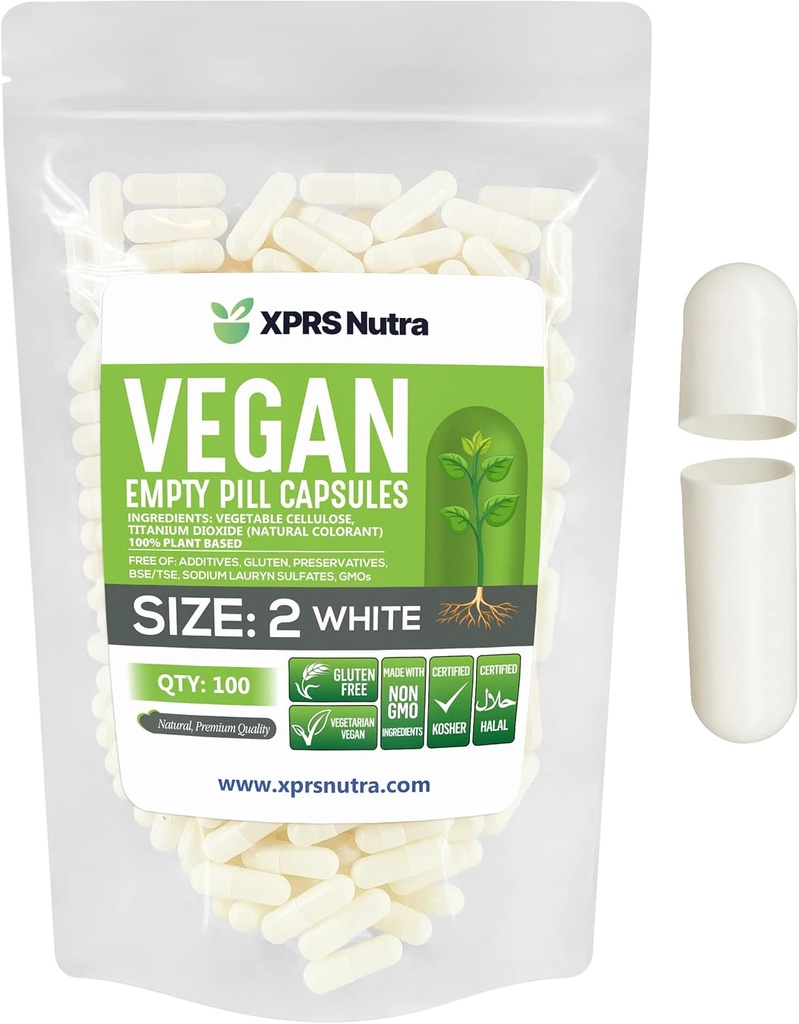 XPRS Nutra Boyutu 2 Boş Kapsüller - 100 Boş Vegan Capsules - Vejetaryen Boş Pill - DIY Sebze Kapsülü - Veggie Caps Pills (Beyaz)