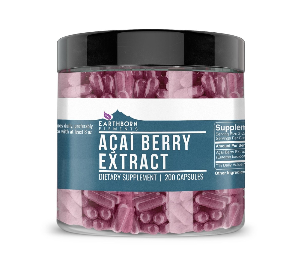 Earthborn Elements Acai Berry 200 Capsules, Pure & Undiled, No Wordss