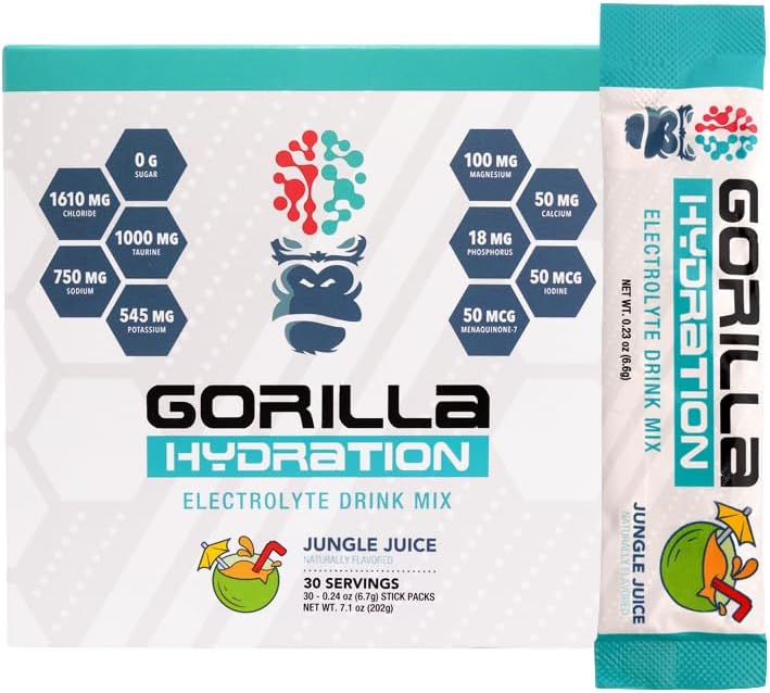 Gorilla Mind Hydration Packets - 3,073 mg Electrolytes On The Go Drink Mix for Comprehensive Replenishment - Zero Sugar, Natural Sweetized & Fasting Friendly - 30 Count (Jungle Juice)