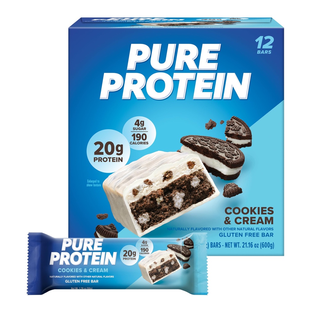 Pure protein Bars, Yüksek Protein, Nutritious Snacks to Support Energy, Low Sugar, Gluten-free, Cookies and Cream, 1.76oz, 12 Pack