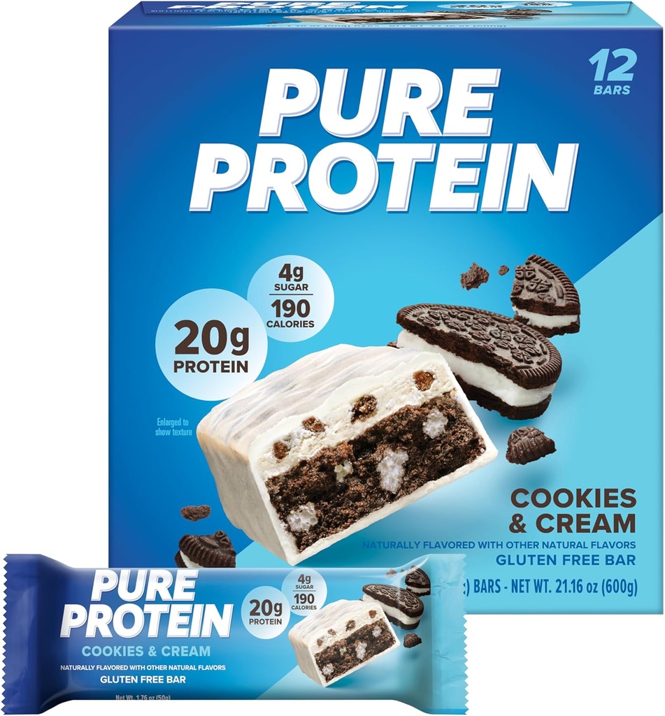 Pure protein Bars, Yüksek Protein, Nutritious Snacks to Support Energy, Low Sugar, Gluten-free, Cookies and Cream, 1.76oz, 12 Pack
