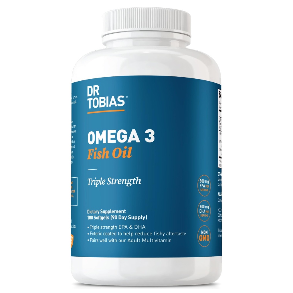 Dr. Tobias Omega 3 ιχθυέλαιο, 2000mg τριπλή δύναμη με 800mg EPA 600mg DHA ανά υπηρεσία, Fish Oil Omega 3 συμπληρώματα για την καρδιά, τον εγκέφαλο και ανοσοποιητικό υποστήριξη, 180 Softgels, 90 υπηρεσίες