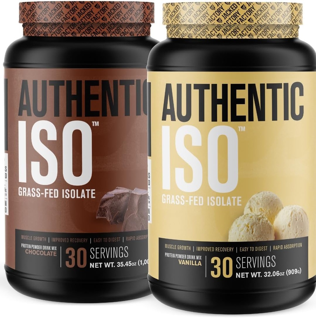 Jacked Factory Authentic ISO Grass Fed Whey Protein Isolate Powder - Χαμηλός υδατάνθρακες, πρωτεΐνη οικοδόμησης μυών μη ΓΤΟ w/No Fillers (Chocolate, 30sv) & (Vanilla, 30sv)
