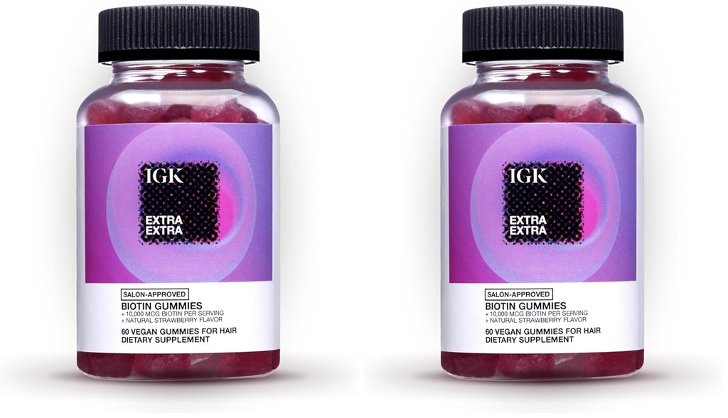 IGK Biotin Saç Gummies 10.000 Telefon Biotin (60 Kont), Strawberry Flavored, Saç Büyüme Tamamları Sağlıklı Saçlar, Skin & Nails, Vegan, Saç Kaybı ve İncelenmesi Yardım (Pack of 2)