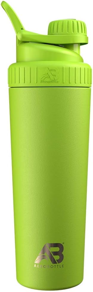 AeroBottle Ağo Shaker Kupası, paslanmaz Steel Water Şişe ve Protein Shaker, Mixes Protein ve Pre Workout With Turbulent Mix Technology, No Mixing Ball veya Wisk, 26oz, Eco Shock Green Steel Water Şişe ve Protein Shaker, Mixes Protein ve Pre Workout With Turbulent Mix Technology, No Mixing Ball veya Wisk, 26oz, Eco Shock Green Steel Water