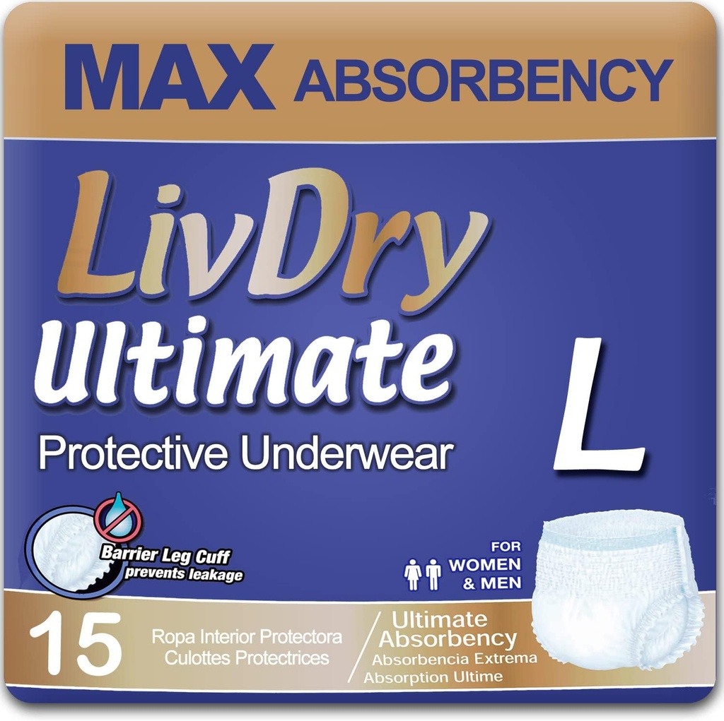 LivDry Büyük Ultimate Adult Incontinence Underwear, Max Absorbent Adult Diapers with Leak Protection, L, 15Pack
