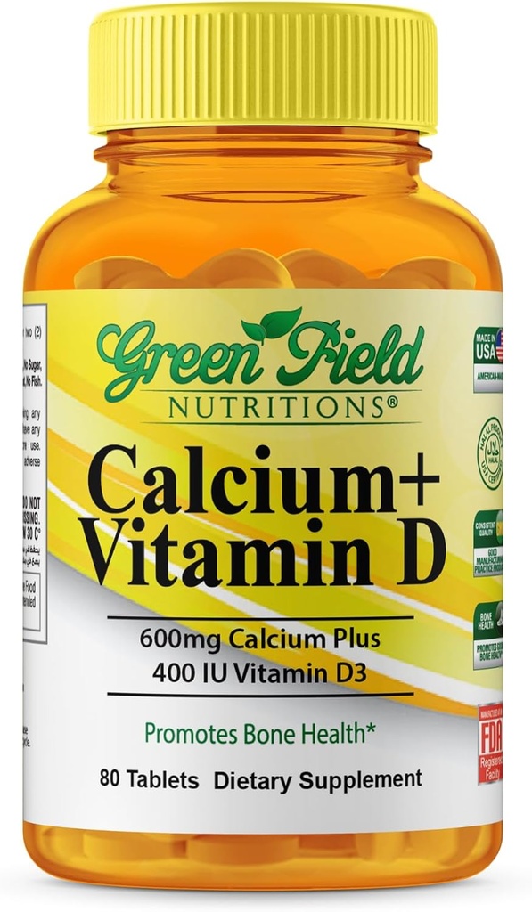 Greenfield Beslenmeler Halal Kalsiyum Tabletleri D3 Vitamin D3 400IU ile 600 mg - 90 Halal Vitaminler Kadınlar ve Erkekler için Mikrobiyal Tabletler, Kemik Dişleri ve Immune Health