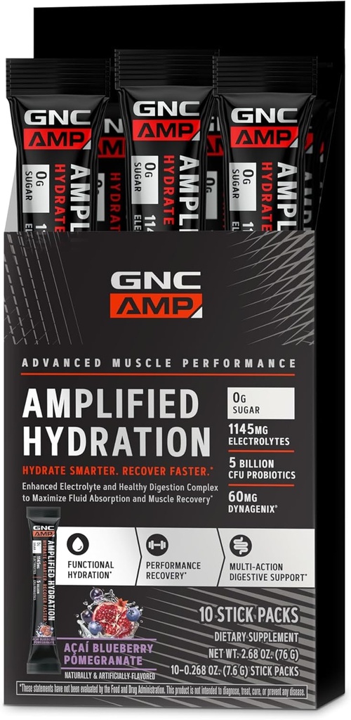 GNC AMP Güvenilirleştirilmiş Hydration Electrolyte Toz İçecek Mix | Gelişmiş Elektrolyte & Sağlıklı Digestion Kompleks | Acai Blueberry Pomegranate | 10