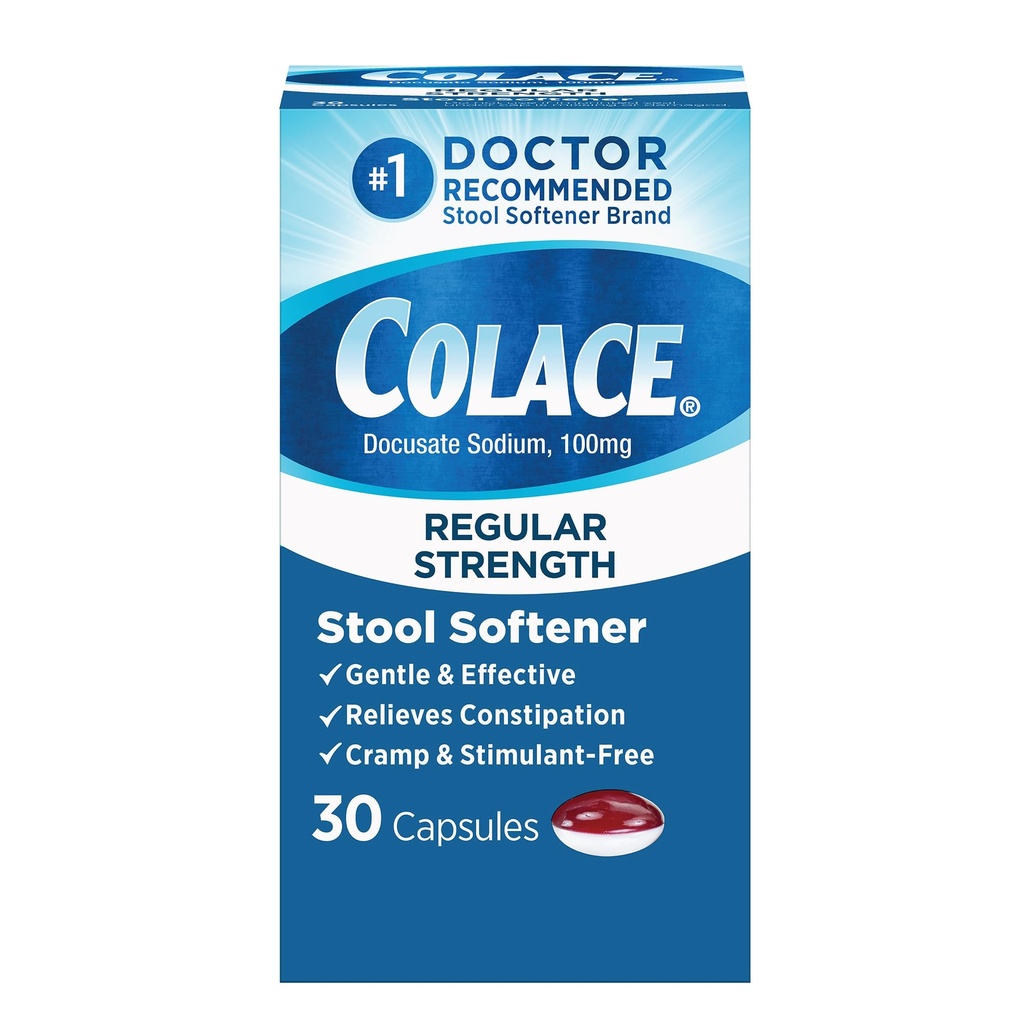 Colace Regular Strength Stool Softener'i aktif Constipation Relief için, No. 1 Doktor Önerilen Stool Softener Brand, 100 mg Docusate Capsules, 30 Count Count