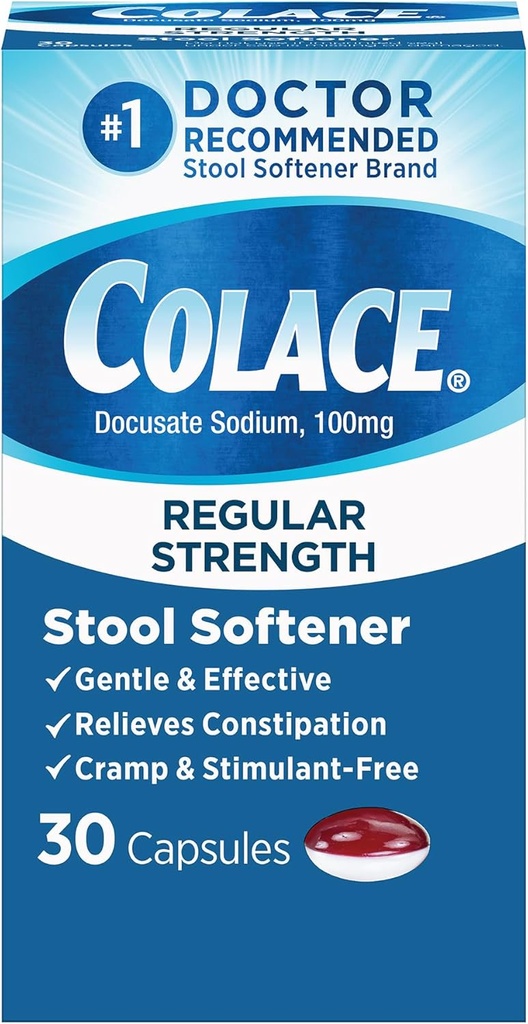 Colace Regular Strength Stool Softener'i aktif Constipation Relief için, No. 1 Doktor Önerilen Stool Softener Brand, 100 mg Docusate Capsules, 30 Count Count