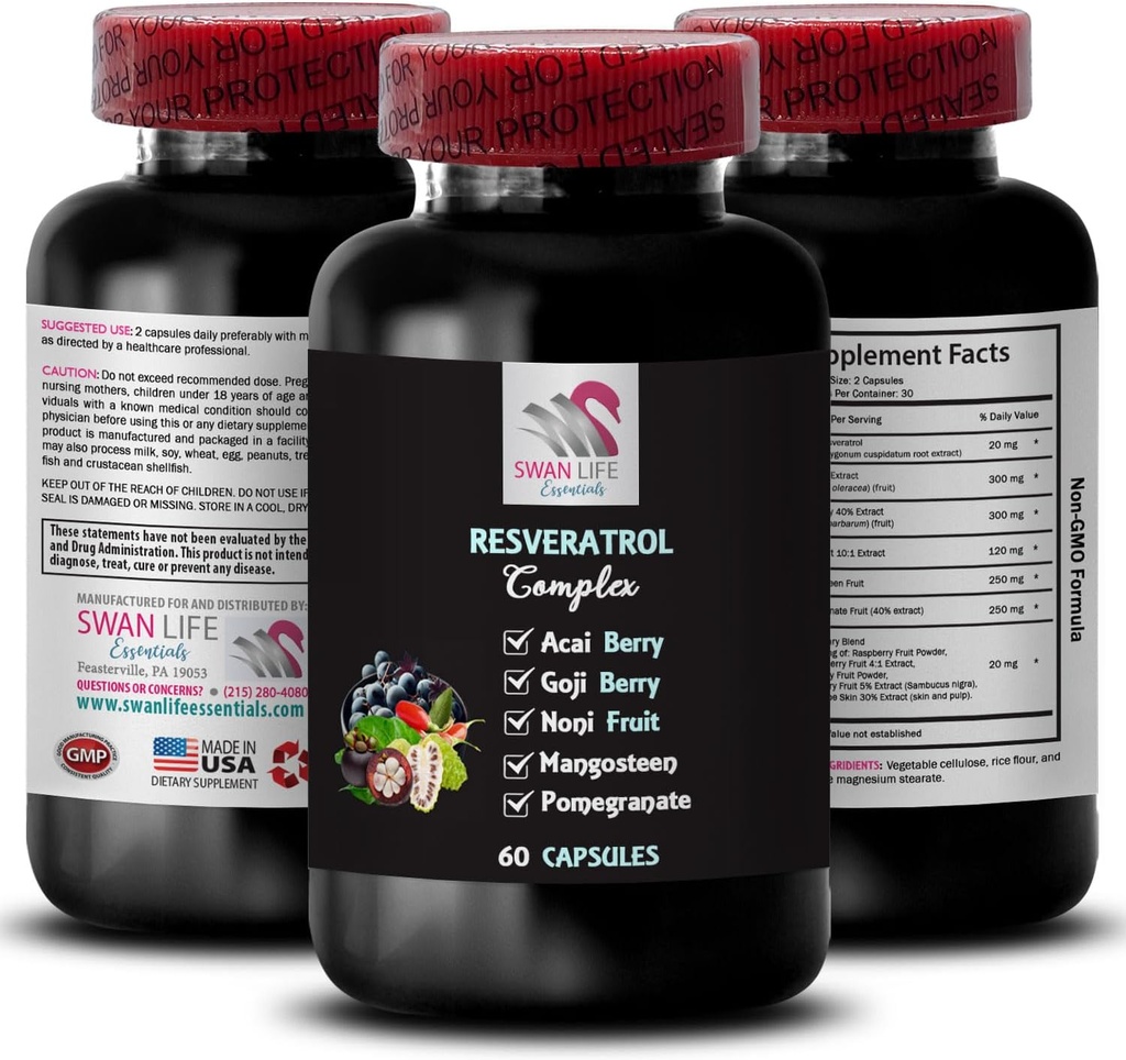Υποστηρικτικό μείγμα - RESVERATROL COMLEX - Αντιοξειδωτική ασπίδα, Καθημερινή ενέργεια, Berry Οφέλη, Φυσική ενίσχυση, Σμέουρα Ισορροπία, Ρόδι Ενέργεια, Ενεργός τρόπος ζωής, Γεύση Ενέργεια 1 Μπουκάλι 60 Caps