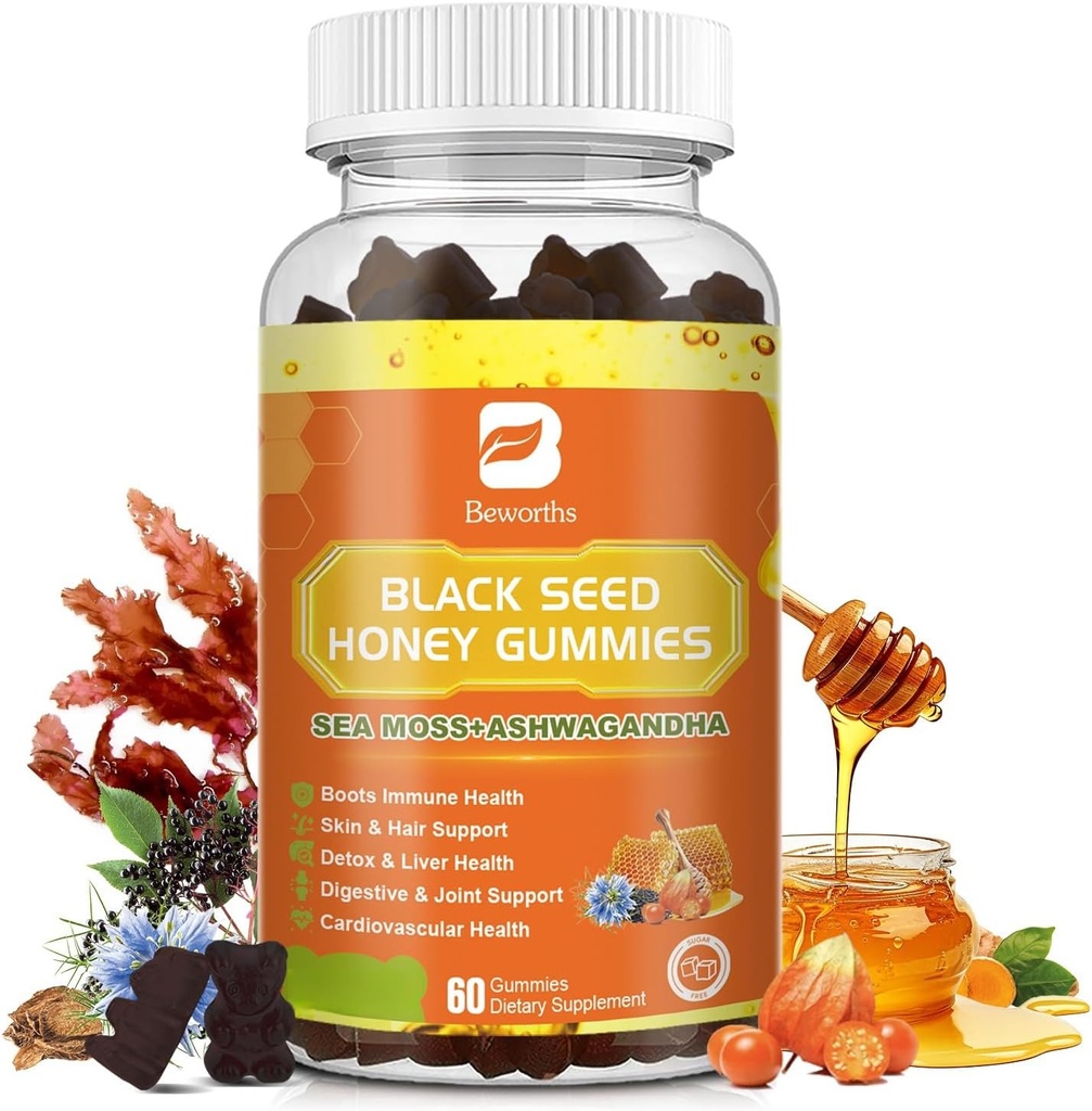 Black Seed Oil Sea Moss Gummies with Ashwagandha, Burdock Root, Linden Honey, Elderberry, Turmeric, C, D3 & çinko - Supports Immunity, Commons, Digestion, Hair & Skin, Vegan Gummies 60 Counts