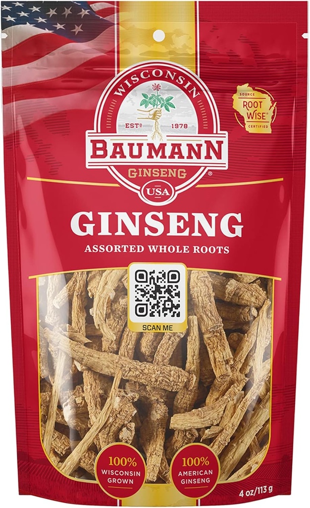 Baumann Wisconsin BTC Tüm Kökleri 4 oz -% 100 Doğal Panax BTC Herb, Gelişmiş Enerji için Saf Kuru Amerikan Membranı