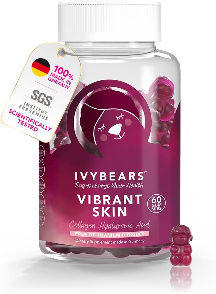 IvyBears Vibrant Skin Gummies - Υαλουρονικό οξύ & VERISOL Collagen - Υψηλής ισχύος δερματική ενυδάτωση & ελαστικότητα - Ακτινωτό, νεανικό λαμπερό - Vegan & Φυσικά Νοστιμότατο - 60 Count