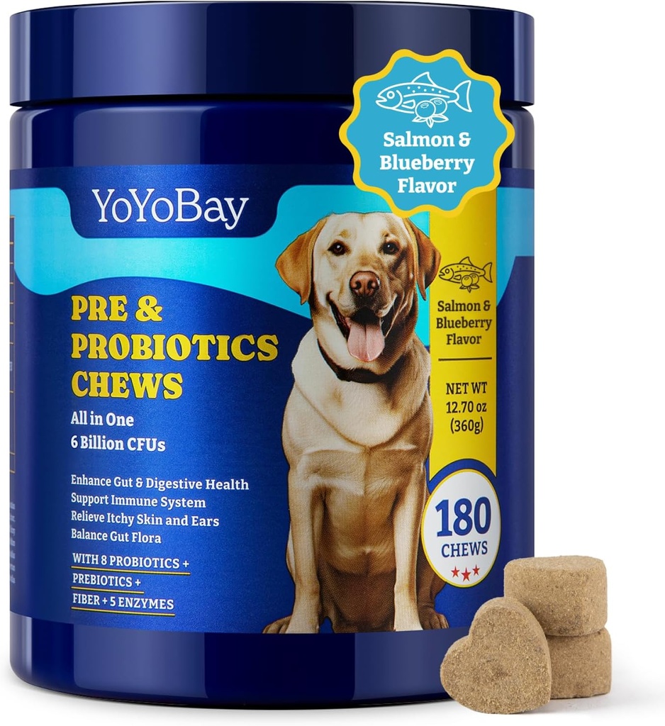 Köpekler için Probiyotikler - Gut için Köpek Probiyotikleri, Immune & Skin Health - 6 Milyar CFUs, 180 Soft Chews, Salmon & Blueberry Flavor - Prebiyotiks & Digestive Enzymes