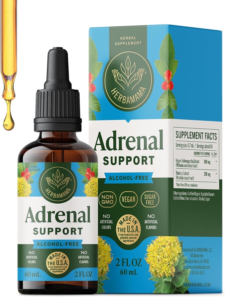 HERBAMAMA Adrenal Support Liquid Drops - Vegan Adrenal Tincture with Ashwagandha Root & Rhodiola Rosea Extract - Μη ΓΤΟ, Αλκοόλ & Ζάχαρη-ελεύθερο συμπλήρωμα - 28-Ημέρα προσφοράς