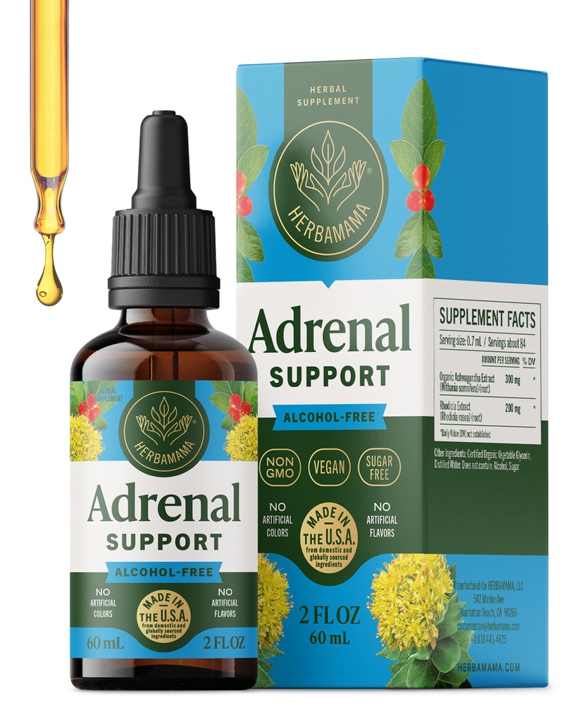 HERBAMAMA Adrenal Support Liquid Drops - Vegan Adrenal Tincture with Ashwagandha Root & Rhodiola Rosea Extract - Non-GMO, Alkol & Sugar-Free Supplement - 28-Day Supply