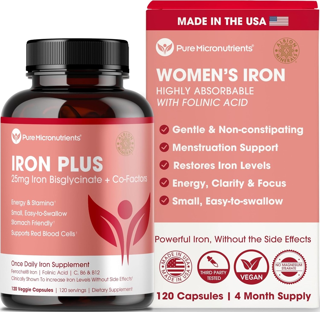 Kadınlar için İronik Supplement - Chelate Iron Bisglycinate 25mg C, B6, B12 Folic Asit - Destekler Demir Eksikliği, Menstrual Health & Energy - 120 Count
