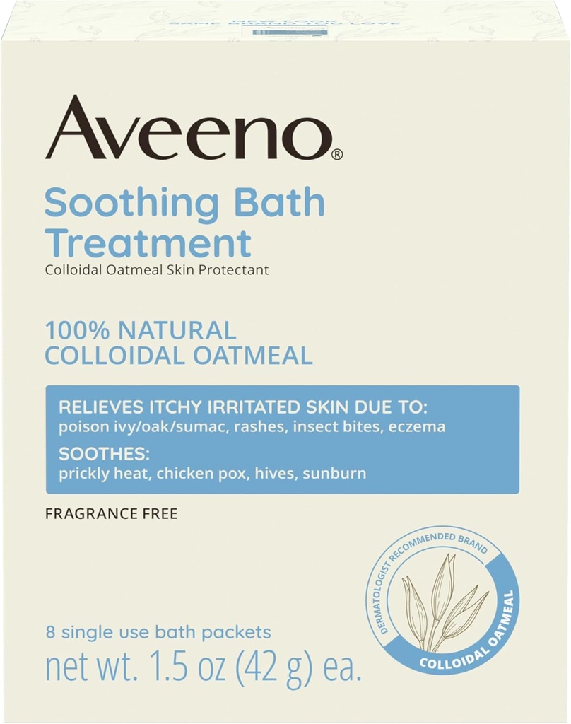 Aveeno Fragrance-Free Καταπραϋντική Θεραπεία Λουτρό & Μουλιά για Καταπραϋντική Ανακούφιση, 100% Φυσικό Κολλοειδές Κρέας Βρώμης, Ανακουφίζει Ichy, Ερεθισμένο Δέρμα Λόγω Eczema, 8 πακέτα μπάνιου μιας χρήσης