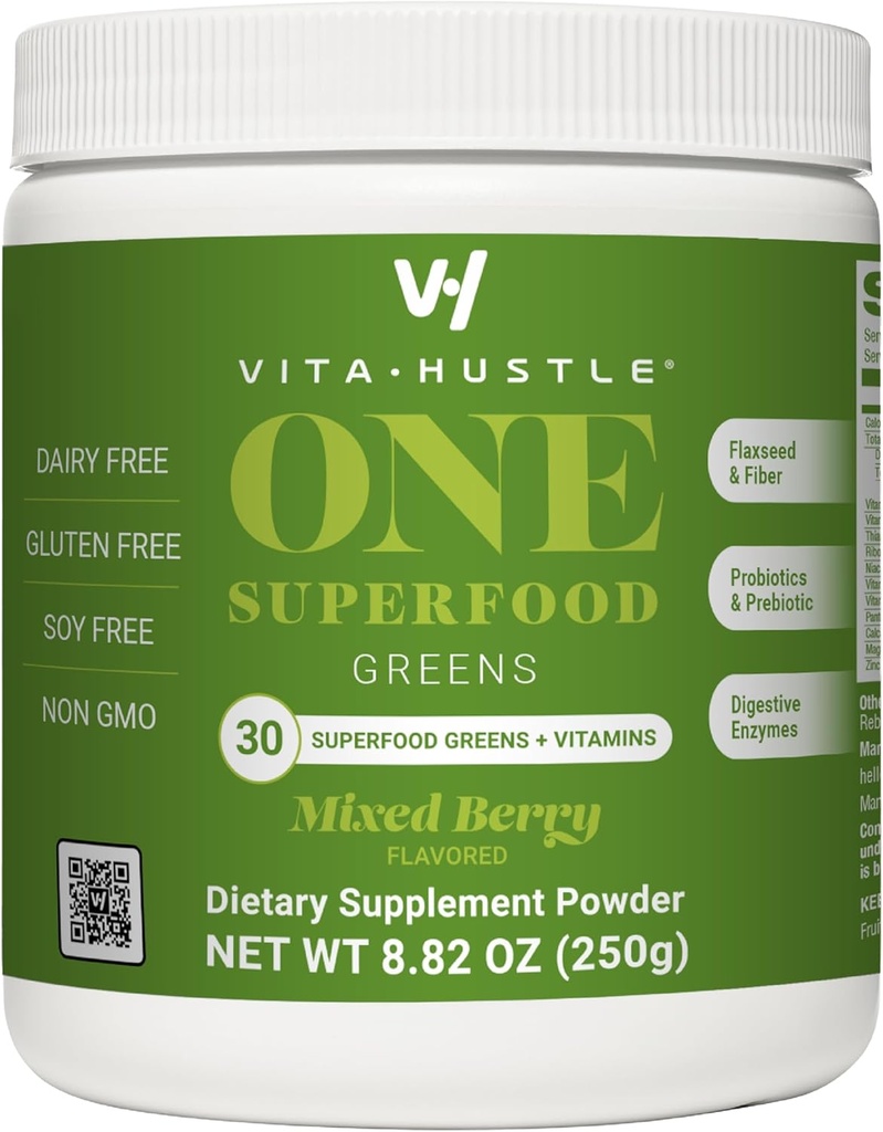 VitaHustle ONE Superfood Super Greens Σκόνη με Πρεβιοτικά + Προβιοτικά, Μείωση του Bloating, Detox, Gut Health, Spirulina, Chlorella, Digestive Enzymes (Berry Flavor, 25 Services)