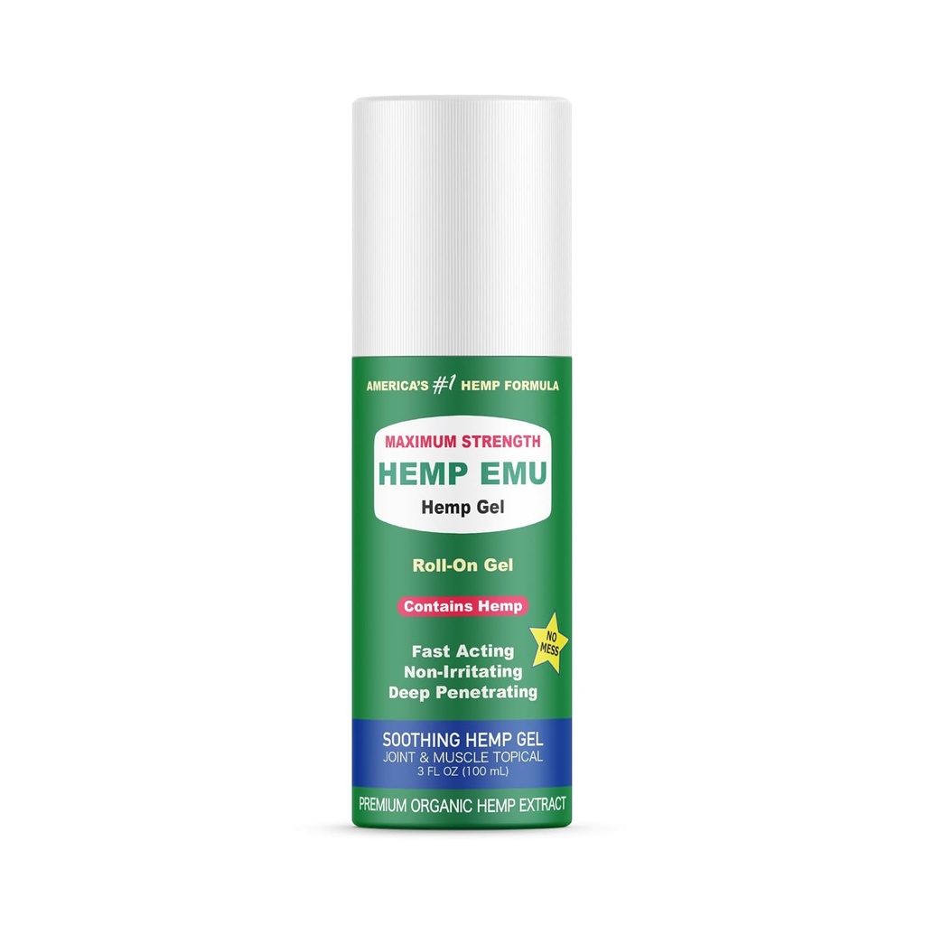 Hemp Emu - Omp Roll On Gel - Kas Rub for Back & Joint Discomfort - Soothing Gel, Organik Hemp Oil, Emu Oil, Menthol, Eucalyptus, Aloe Vera