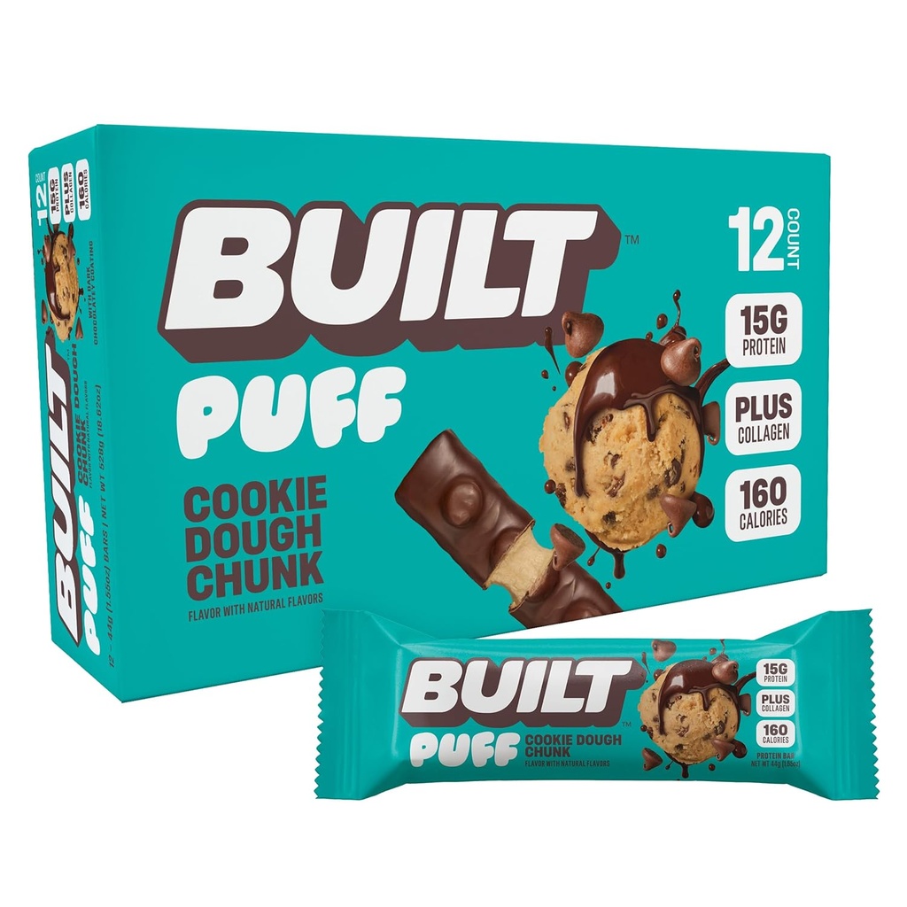 yerleşik Bar, Puff protein Bars, Cookie Dough Chunk Puff, 15g Protein Snacks, On-Go Bars, Sadece 160 Calories, 8g Sugar, Collagen, Not Gluten Free, 12 Count