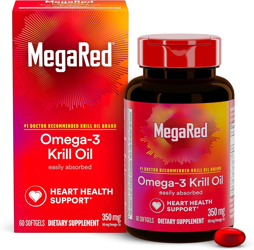 Omega-3 Krill Oil 350mg Softgels, MegaRed (60 Count In A bottle), EPA & DHA Ωμέγα-3 λιπαρά οξέα με καμία ψαρική επίγευση σε αντίθεση με το ιχθυέλαιο, περιέχει αντιοξειδωτική ασταξανθίνη