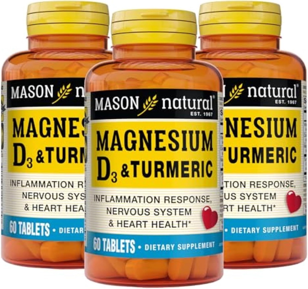 MASON ΦΥΣΙΚΟ μαγνήσιο & βιταμίνη D3 με Turmeric, 180, ημερήσια προσφορά, συμπλήρωμα διατροφής για την καθημερινή υποστήριξη ευεξίας, 60 δισκία (πακέτο των 3)