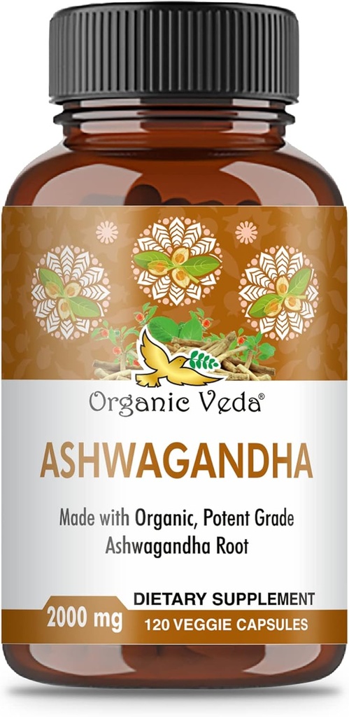 Organic Veda Ashwagandha Capsules, 2000mg - 100% Pure Ashwagandha Root Supplement with Black Pepper Extract for Maximum Absorption - Boost Energy, Adrenal, Immunity & Mood - Vegan - 120 Count