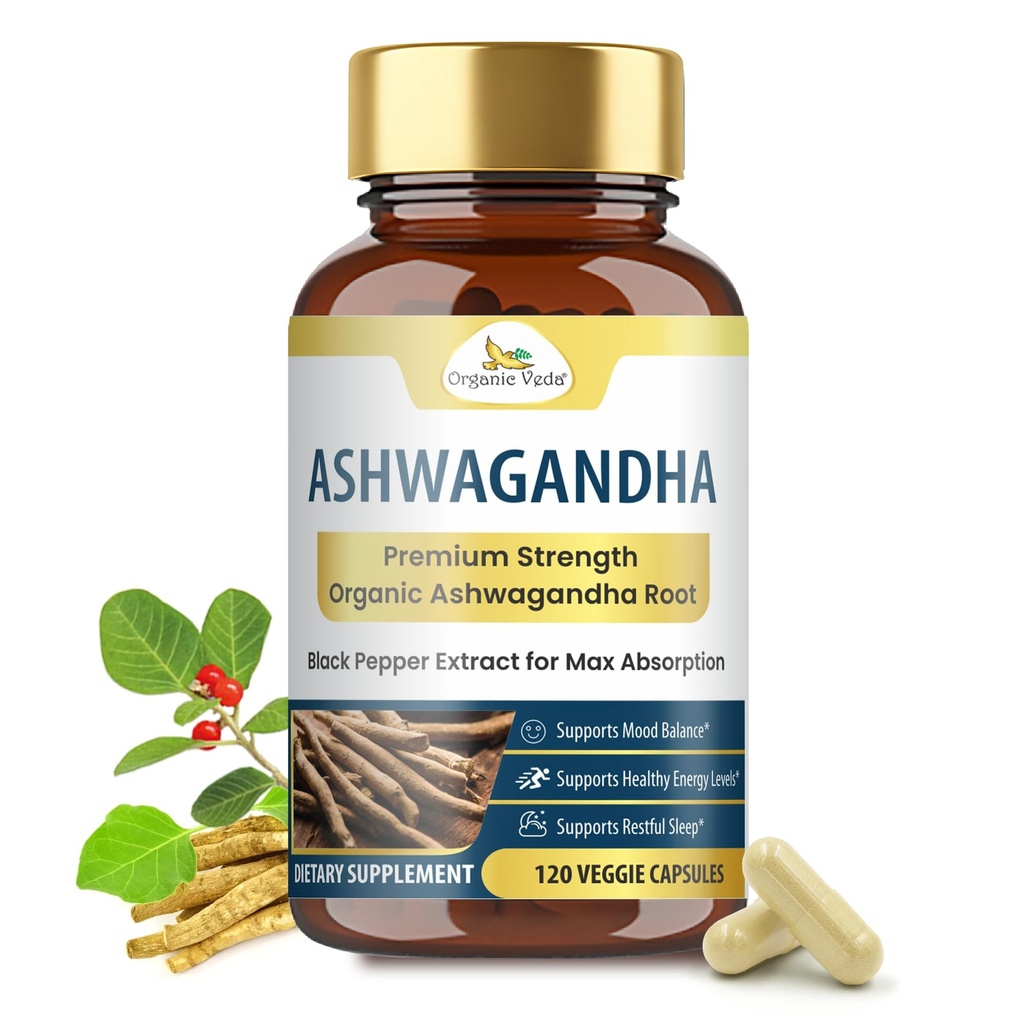 Organik Veda Ashwagandha Capsules, 2000 mg - 100% Pure Ashwagandha Root Supplement with Black Pepper Extract for Maximum Abors - Boost Energy, Adrenal, Immunity & Mood - Vegan - 120 Kont