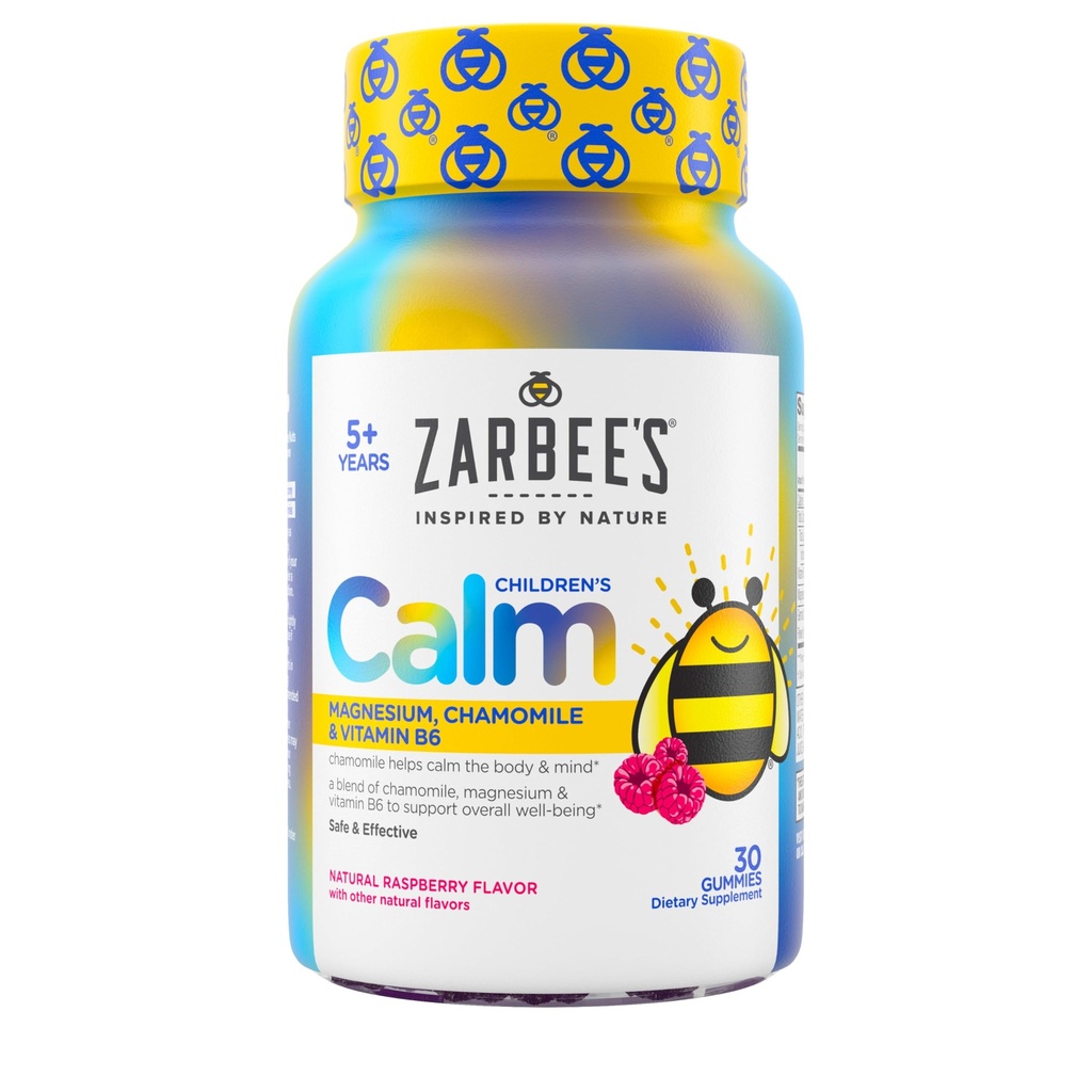 Zarbee's Naturals Children's Calm Gummies Magnezyum for Kids Ages 5+, Melatonin-Free, Support for a Calm Mind & Body, Chamomile & Vitamin B6, Natural Raspberry Flavor, 30 Count Gummies
