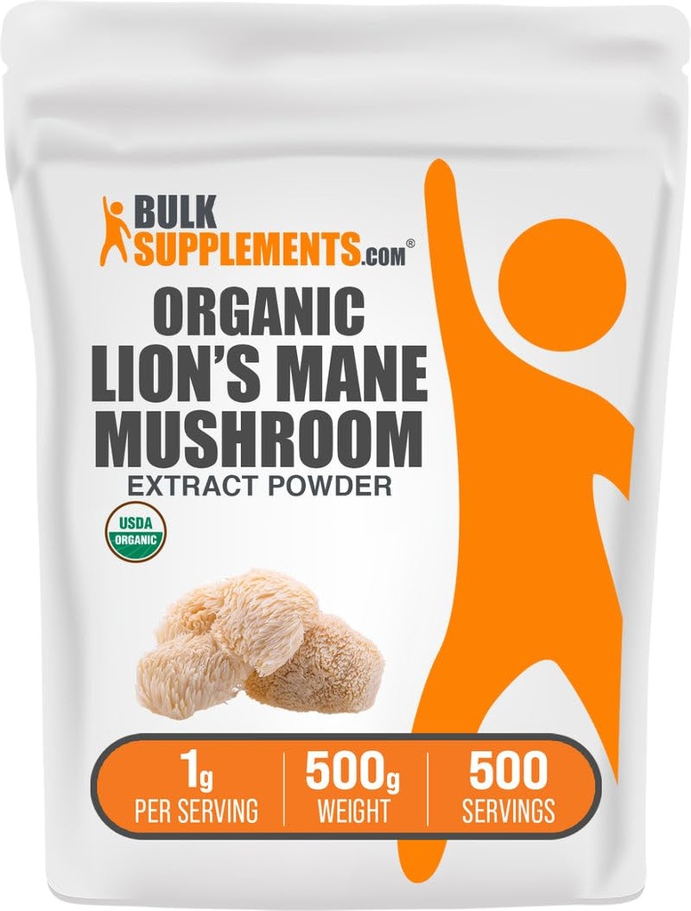 BulkSupplements.com Βιολογικό Mane Mushroom Extract σκόνη - συμπλήρωμα μανιταριών, συμπλήρωμα εγκεφάλου για την υποστήριξη μνήμης και εστίασης - Vegan, 1g ανά υπηρεσία, 500g (1.1 lbs) (πακέτο των 1)