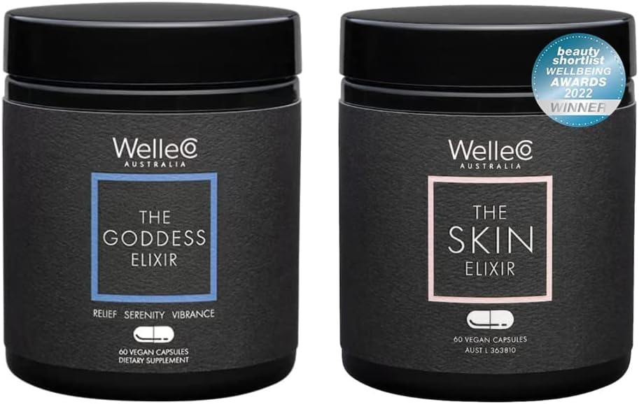 WelleCo The Goddess Elixir ve Skin Elixir (1994) | Menopause Supplement, Hormon Dengesi, Gece Terleri ve Hot Flashes | Destekler Collagen Formation for Healing, Companyness & Elasticity