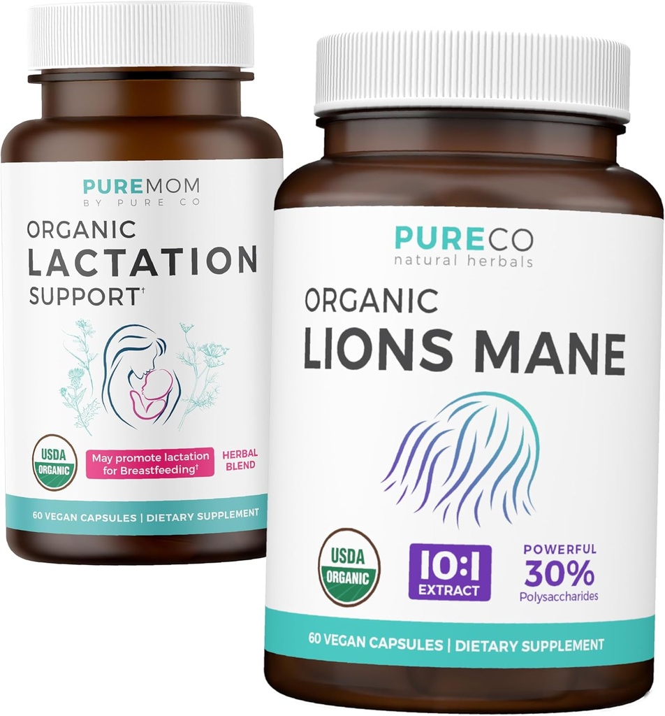 Lactation Support & Lions Mane (1-Month Supply) Mothers Mind Sche of Organic Lactation Support - Hemşirelik Anneleri (60 Capsules) & Organik Lions Mane Mushroom 10:1 Ekstraksiyon (60 Capules)