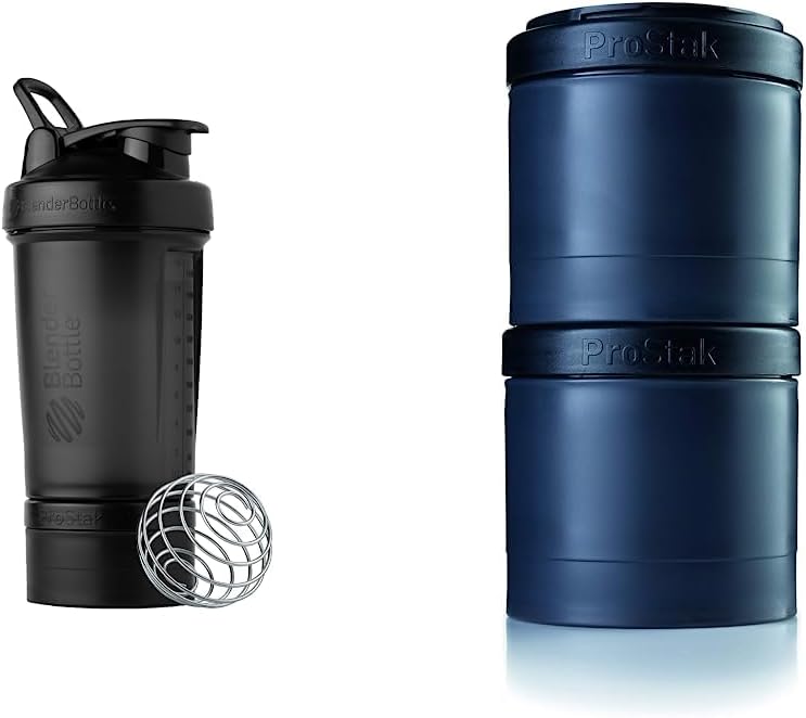 BlenderBottle Shaker Şişe Pill Organizer ve Protein Toz, ProStak System, 22 Ounce, Midnight Black & ProStak Twist n' Lock Storage Jars, Pill Tray ile 2Pak genişletiyor, All Black Black