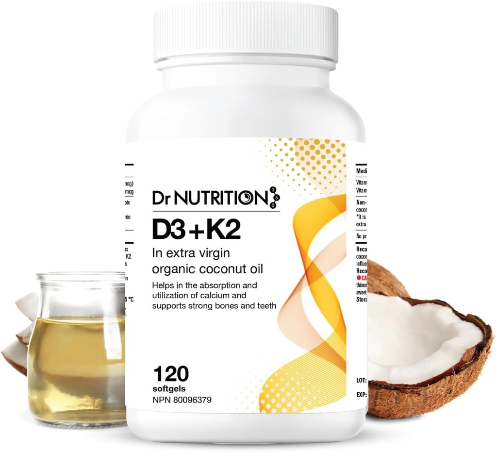 Βιταμίνη D3 + K2 σε Βιολογικό Λάδι Καρύδας, Βιταμίνη K2 MK7 + D3 (1000IU), Ταχείας Οστικής και Καρδιακής Υγείας Φόρμουλα, Βοηθά στην Απορρόφηση και Χρήση Ασβεστίου, Υποστηρίζει Ανοσία, Βελτιώνει Mood - 120 Softgels