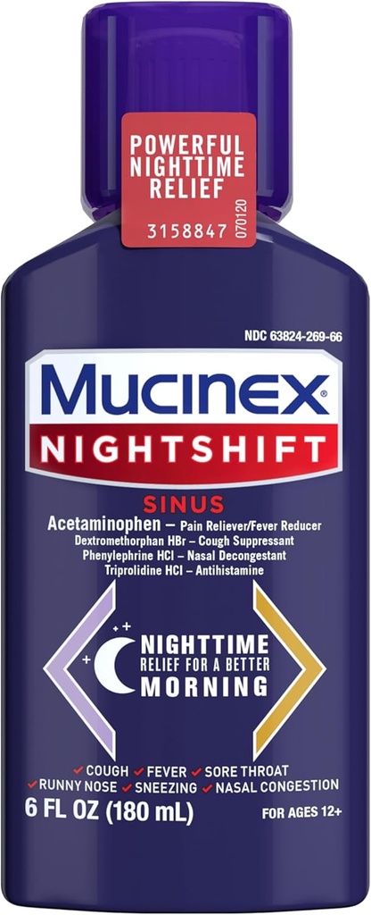 Mucinex Nightshift Sinus, Κρύο και γρίπη Βήχας Ιατρική για ενήλικες, Ισχυρή nighttime Sinus Medicine για την ανακούφιση του κόλπου, Sore Lroat Relief, βήχα Suppressant & Nasινικό αποσυμφορητικό για ενήλικες, 6 Fl Oz