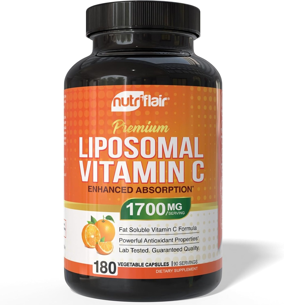 NutriFlair Liposomal Vitamin C 1700mg, 180 κάψουλες - Υψηλή απορρόφηση, λιπώδης διαλυτή VIT C, υψηλότερη βιοδιαθεσιμότητα Υποστήριξη ανοσοποιητικού συστήματος & ενισχυτής κολλαγόνου, μη GMO, χάπια Vegan