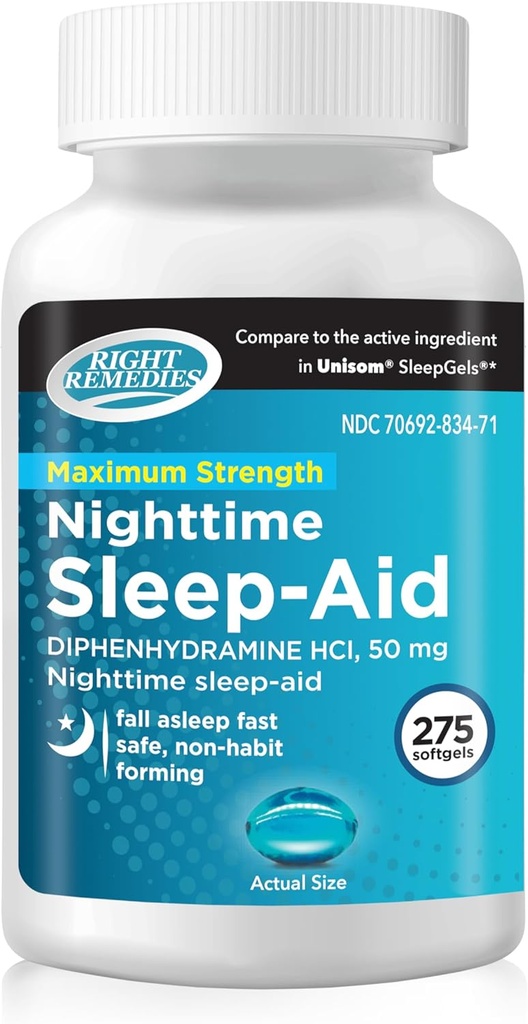 Nighttime Sleep Aid Softgels, (275 softgels), Diphenhydramine HCI 50 mg, Fall Asleep Fast, υποστηρίζει βαθύτερο, ξεκούραστο ύπνο