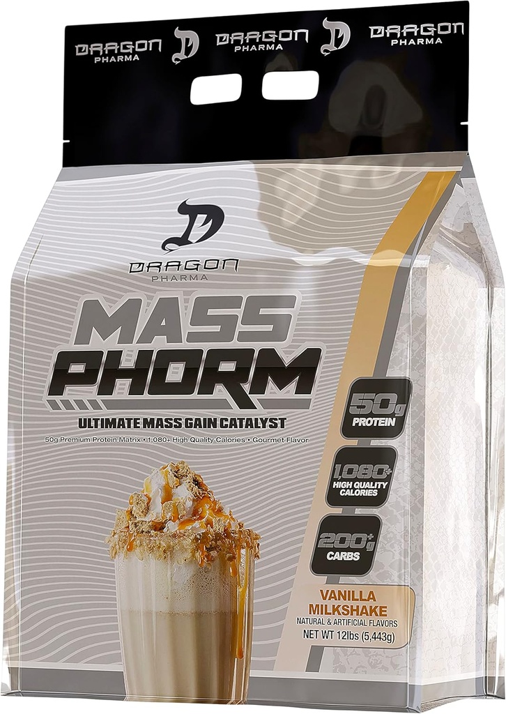 DRAGON PHARMA Mass Phorm, Ultimate Mass Lig Catalyst, 50g protein Matrix, 200g of Kompleks Carbohidrats, 1000 Calories Per (20 Hizmetler, Vanilla Milkshake)