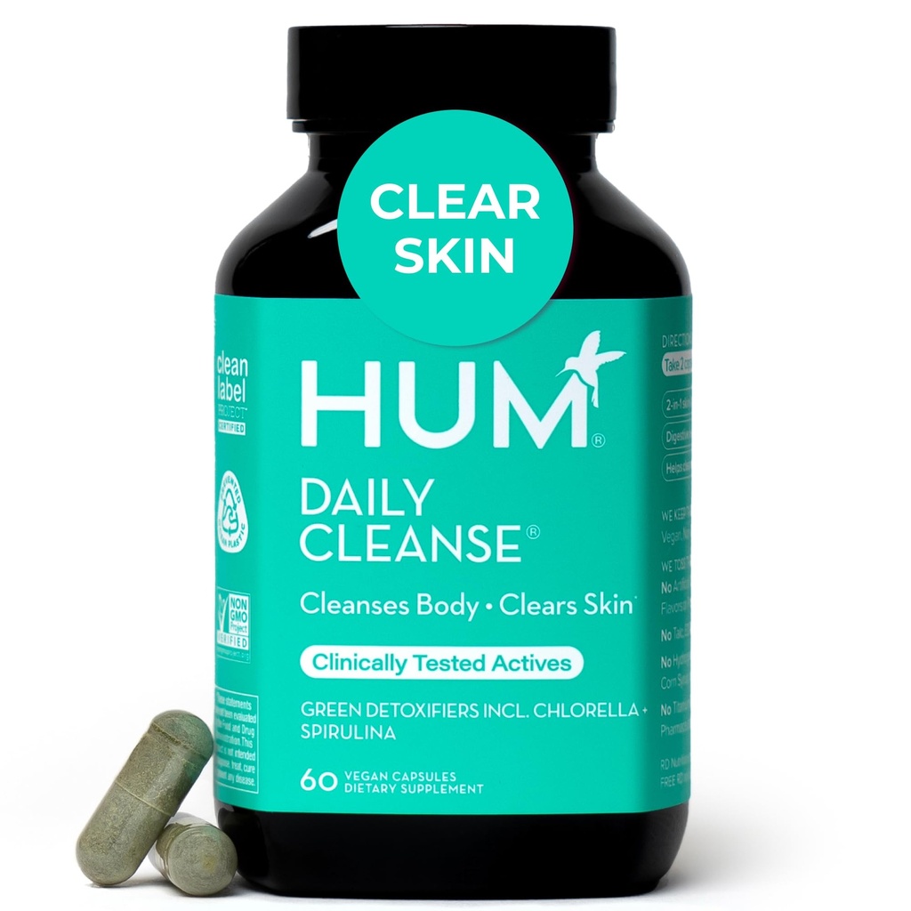 HUM Daily Cleanse Acne Supplements for Women & Men, Gentle Digestive Cleanse for Clear Skin Support, çinko, Spirulina, Chlorella, Detoxing Herbs, Organik Algae, Skin Vitaminleri Tamam, 60 Capsules