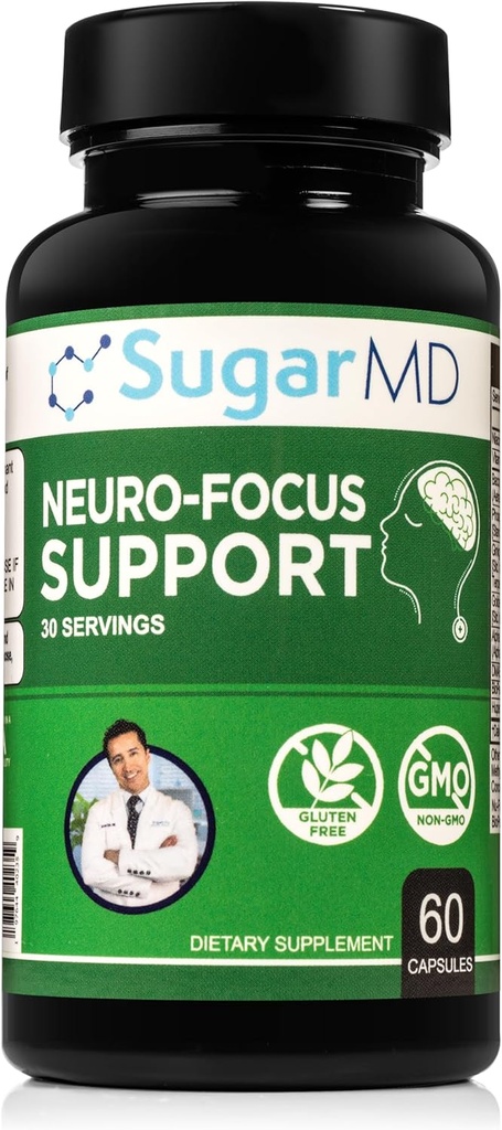 SugarMD Neuro-Focus Support - Συμπληρώματα Υγείας Εγκεφάλου για Μνήμη - Focus and Clarity Formula of Bakopa, Ginkgo, & Bioperine for Γνωστική Υποστήριξη - Μη ΓΤΟ και Χωρίς Γλουτένη - 60 Κάψουλες