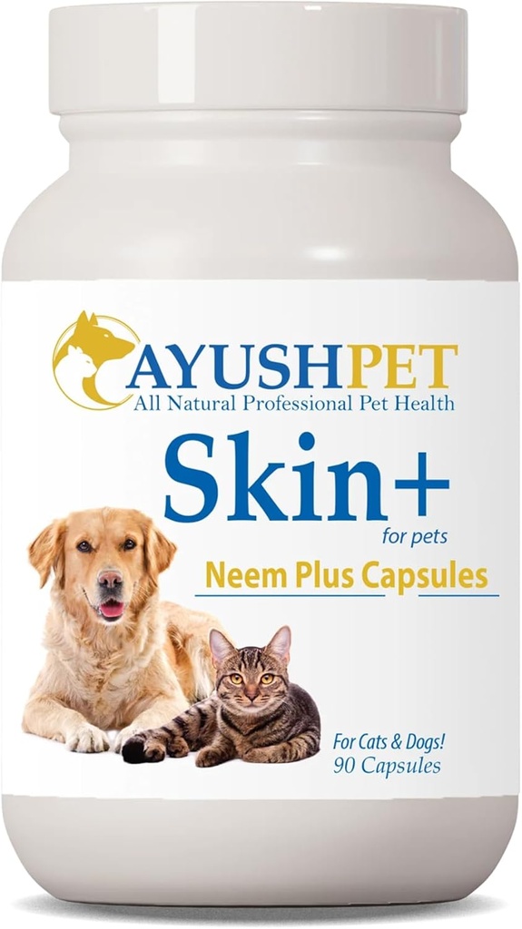 Ayush Pet Neem Plus - Köpekler için Neem Supplement, Itchy Skin ile Evcil hayvanlar için Cilt ve Ön Destek, Triphala ve Neem ile Herbal Capsules ve Immune Health - 90 Capsules