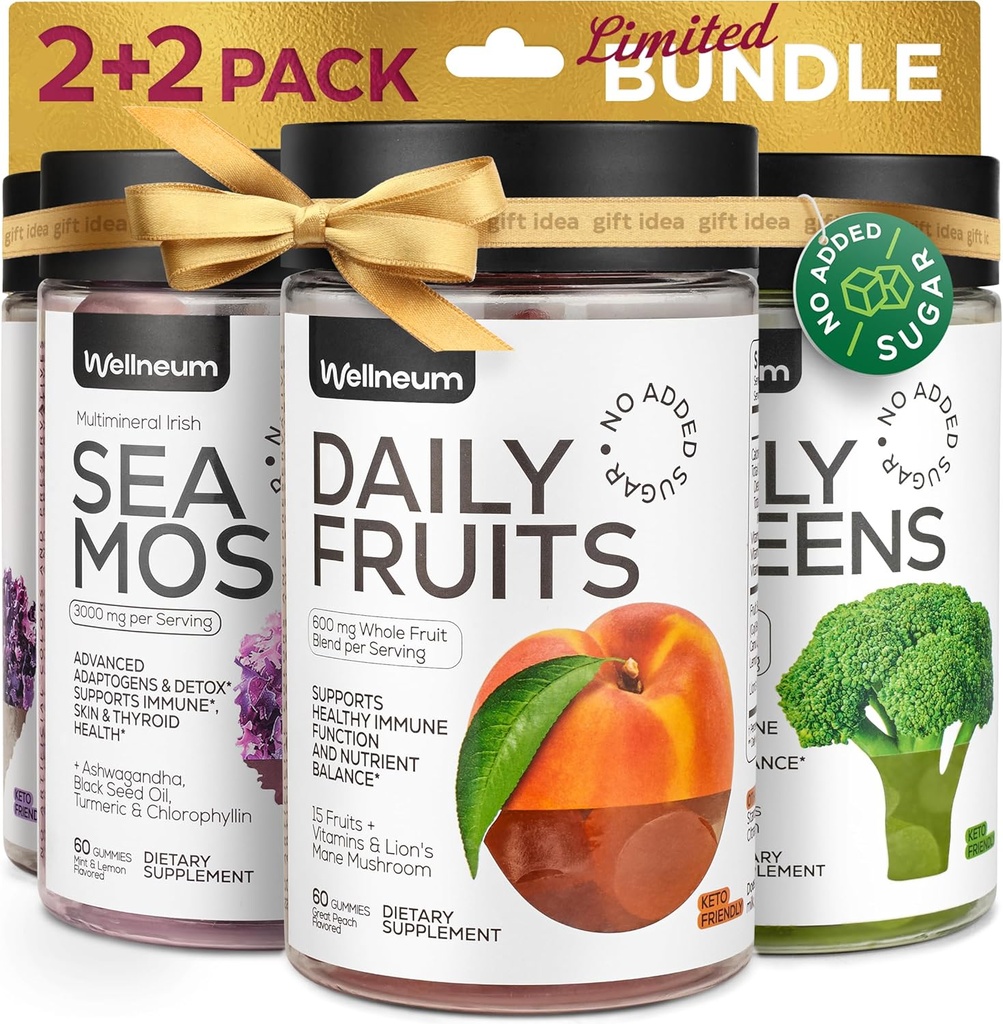 Super Fruit Super Greens ve Sea Moss Gummies Sche - Meyveler Ölmüş Yeşiller, İrlandalı Deniz Moss, Bladderwrack - Detox, Nutrient Balance, Immunity Support, Thyriod Health - Erkekler ve Kadınlar için