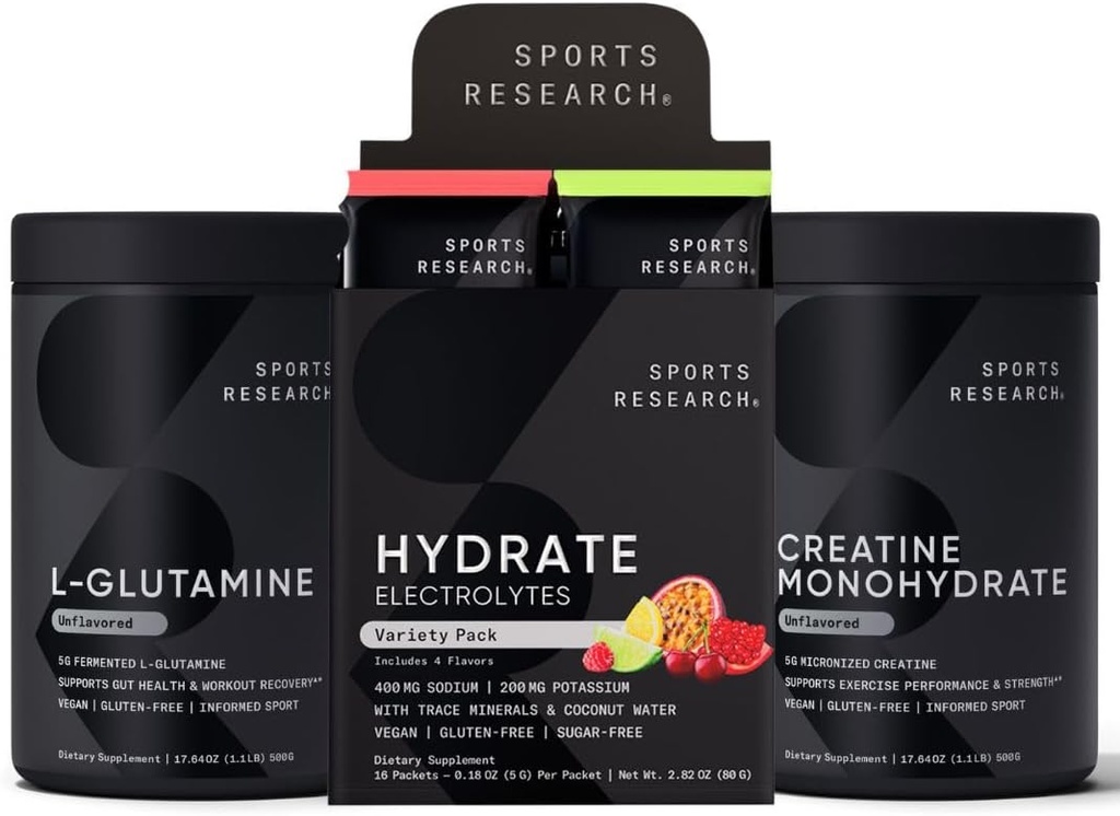 Spor Araştırmaları L-Glutamine (1.1 lbs), Sugar-Free Natural Flavored Hydrate Electrolytes 16x Çeşitli Paketler ve Kretine Monohidrat (1.1 lbs)
