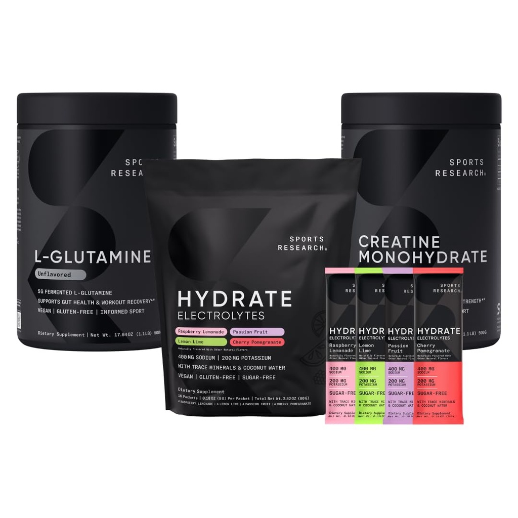 Sports Research L-Glutamine (1.1 lbs), Sugar-free Φυσικά αρωματισμένα υδραυλικά ηλεκτρόλυτα 16x Variety Packets και Creatine Monohydrate (1.1 lbs)