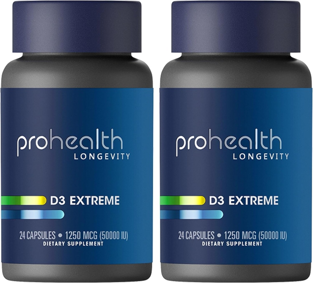 ProHealth 2-Pack Βιταμίνη D3 Extreme (50.000 IU, 24 Κάψουλες Κάθε) Βοηθά την ενίσχυση και την υποστήριξη υγιή οστά και το ανοσοποιητικό σύστημα 