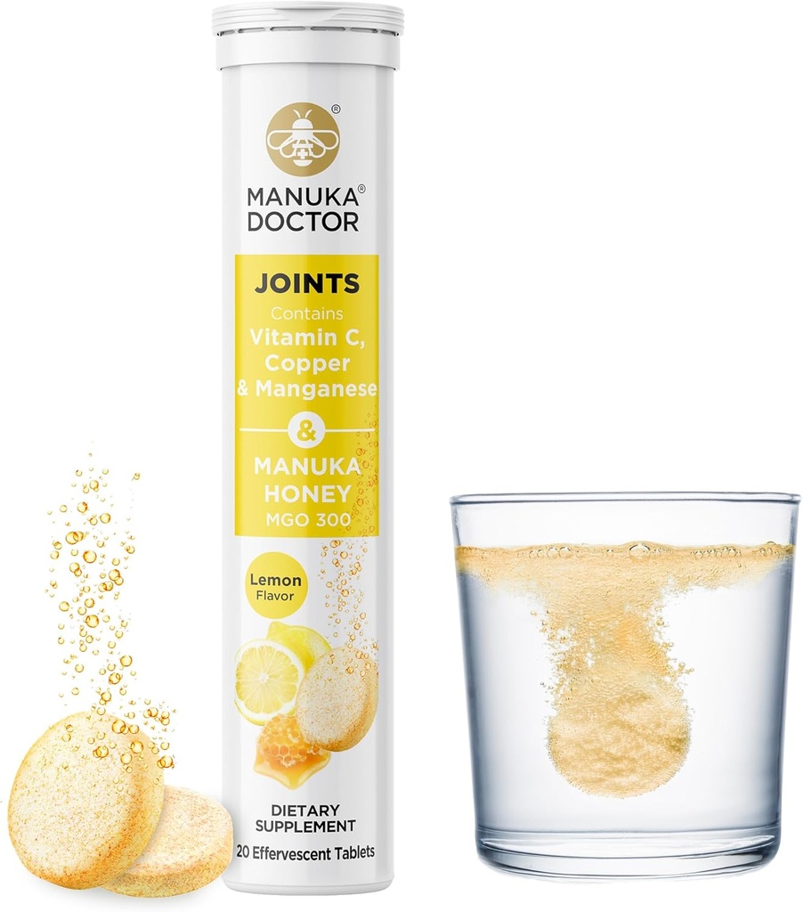 Manuka Doctor Joints* Daily Joint support Supplement with Manuka Honey, Vitamin C, Copper & Manganese to Promotion Joint Health, Lemon Flavor, 20 Αναβράζοντα δισκία
